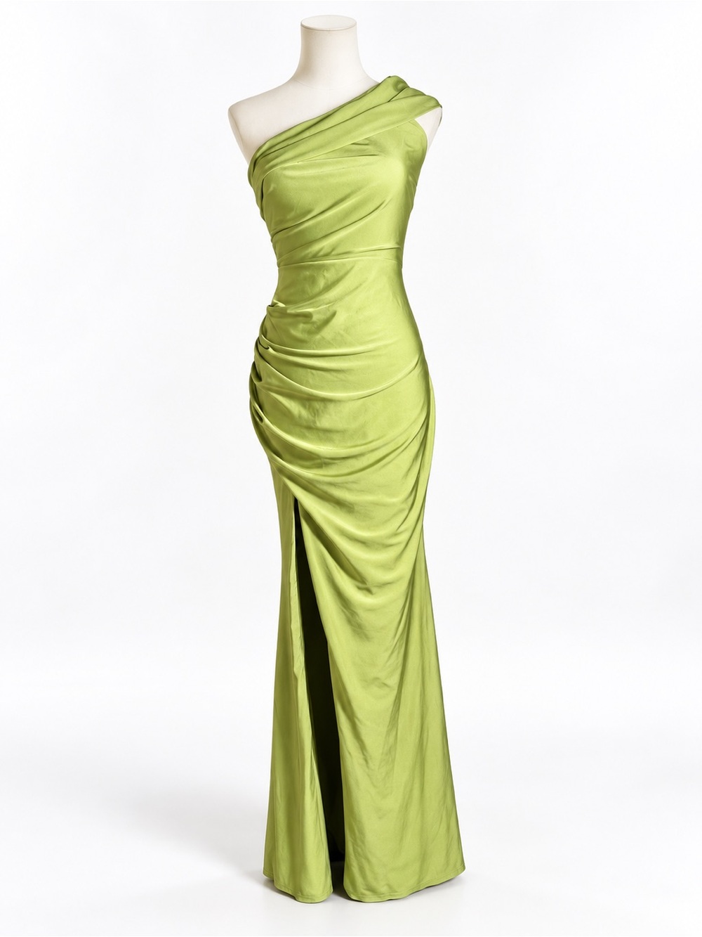 Windsor Lime Green Satin One-Shoulder Ruched Formal Gown with Slit